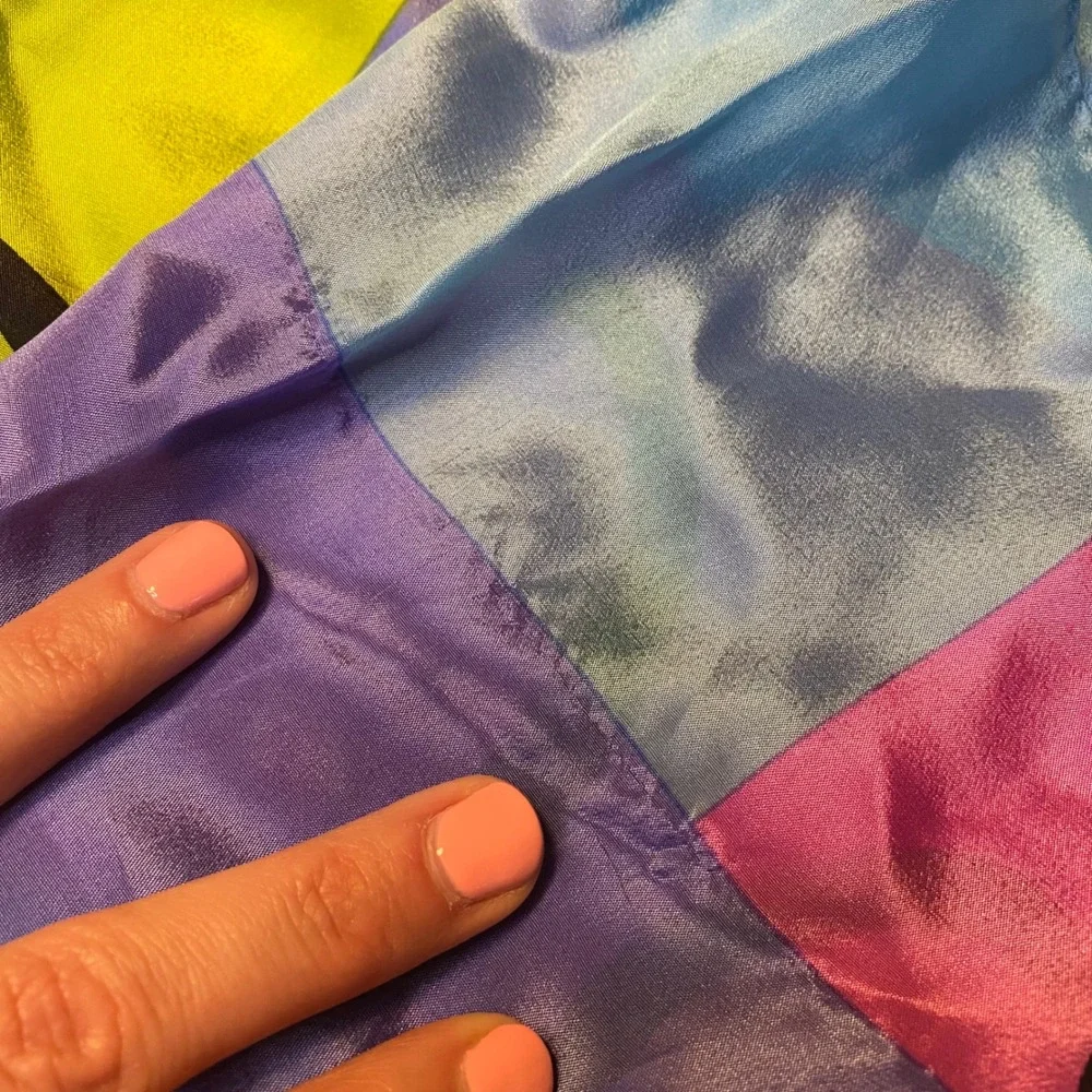 Echo Vintage Abstract Colorblock Silk Scarf Blue Pink Yellow Eye Graphic 31x31